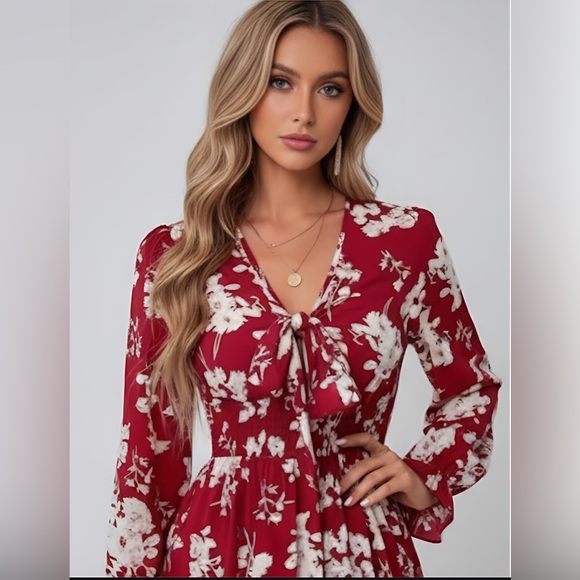 Red Boho Floral Print Knot Front Flounce Sleeve Dress - Picture 2 of 9